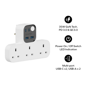 Momax 1-Charge Work Flow وصلة كهرباء على شكل T بثلاثة مقابس USB (أبيض)