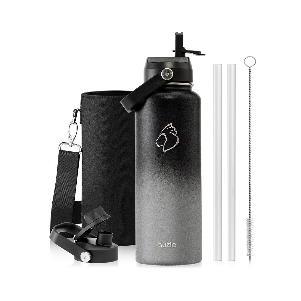 Buzio Duet Series Water Bottle with 2 Lids and Sleeve 1.2L - Shadow