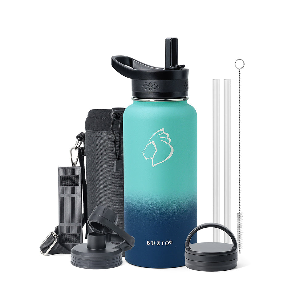 Buzio Trio Series Water Bottle with 3 Lids and Sleeve 1L - Caribbean Blue