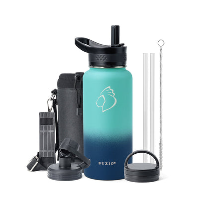 Buzio Trio Series Water Bottle with 3 Lids and Sleeve 1L - Caribbean Blue