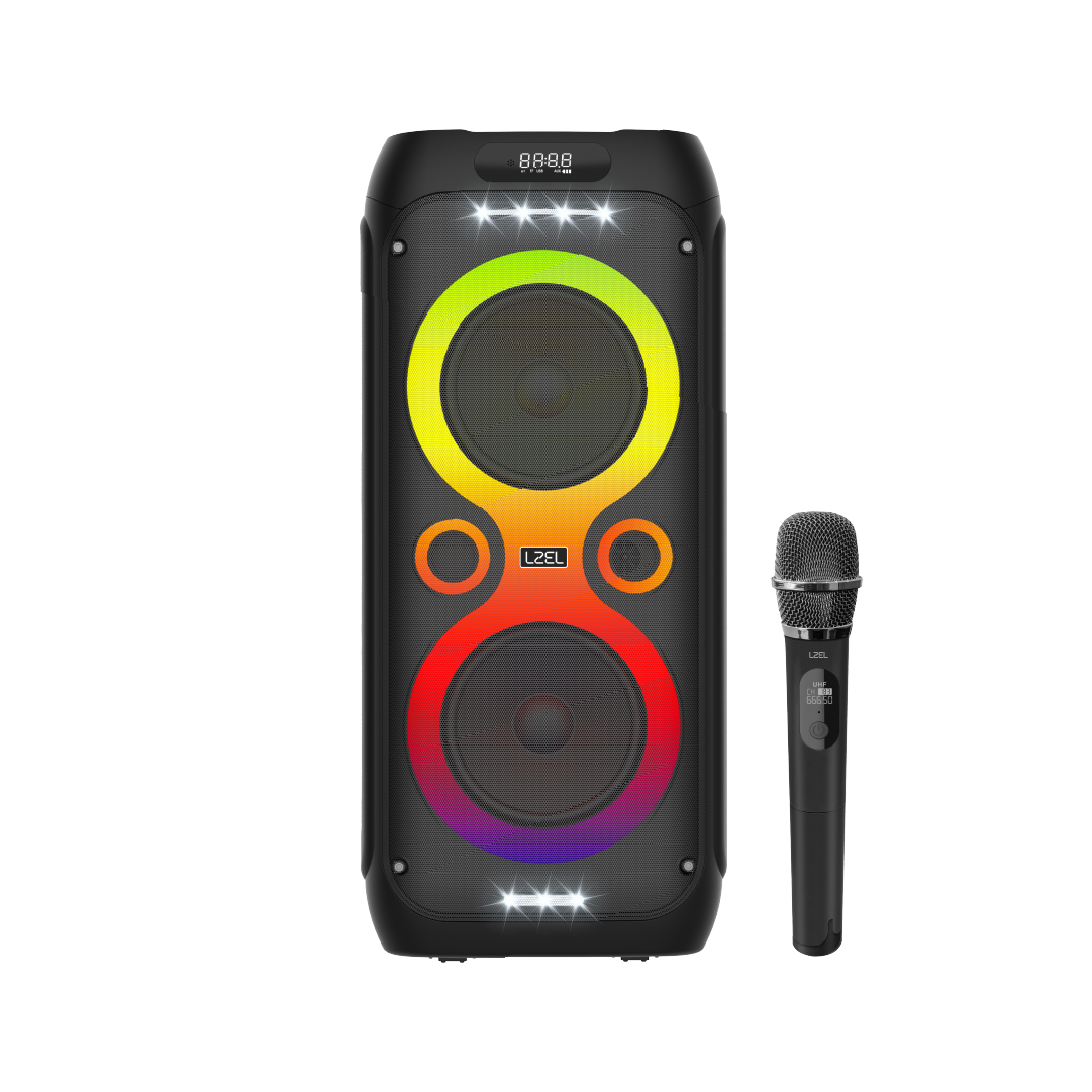 مكبر صوت LZEL Aquilasonus A500 للكاريوكي بتقنية البلوتوث، مزود بشاشة LED، وقوة 80 واط، وبطارية 6000 مللي أمبير، وميكروفون.