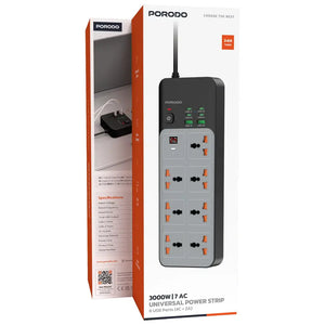 Porodo 3000W | 7AC Universal Power Strip with 6 USB Ports (4C + 2A) -Gray