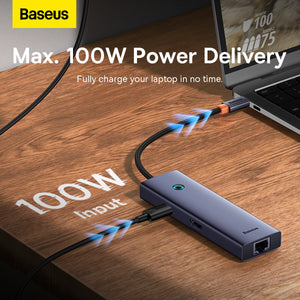 محطة توصيل Baseus UltraJoy Series ذات 7 منافذ، باللون الرمادي الفضائي (من النوع C إلى HDMI 4K@60Hz*1 + USB3.0*2 + PD*1 + RJ45*1 + SD/TF3.0*1)