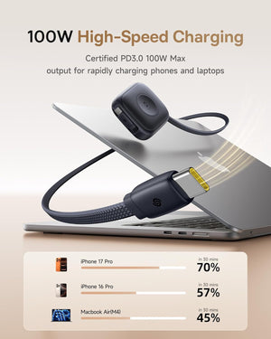 Baseus 100W Retractable Fast Charging Cable with Built-in Apple Watch Wireless Charger - Black