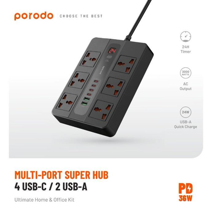 Porodo Multi-Port Super HUB 4 USB-C/ 2 USB-A Ultimate Home & Office Kit 3M - Black