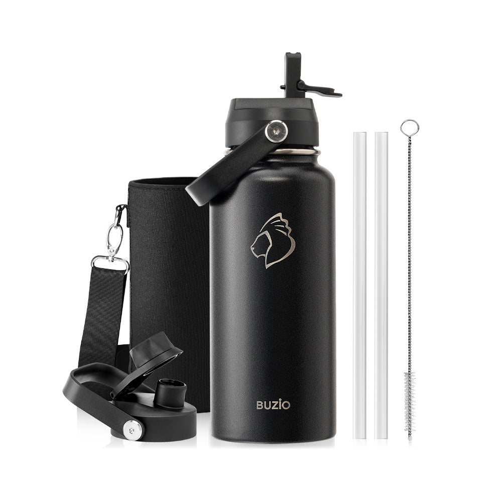 Buzio Duet Series Water Bottle with 2 Lids and Sleeve 1L - Black