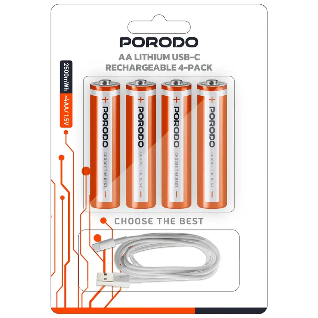 Porodo AA Lithium USB-C Rechargeable 4-Pack - White/Orange