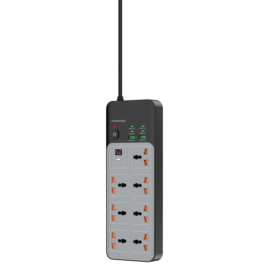 Porodo 3000W | 7AC Universal Power Strip with 6 USB Ports (4C + 2A) -Gray