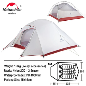 Naturehike Cloud Up Ultralight 3 Person Tent (Upgraded)- Light Grey/Red ((215+75)*180*110)