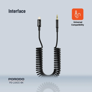 Porodo 3.5MM Lightning AUX Coiled Audio Cable Convenient Tangle-Free Design 1.2m/4ft - Black