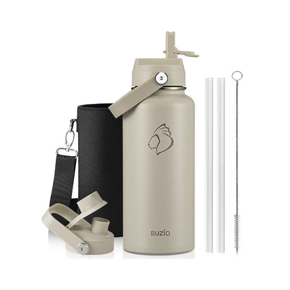 Buzio Duet Series Water Bottle with 2 Lids and Sleeve 1L - Beige
