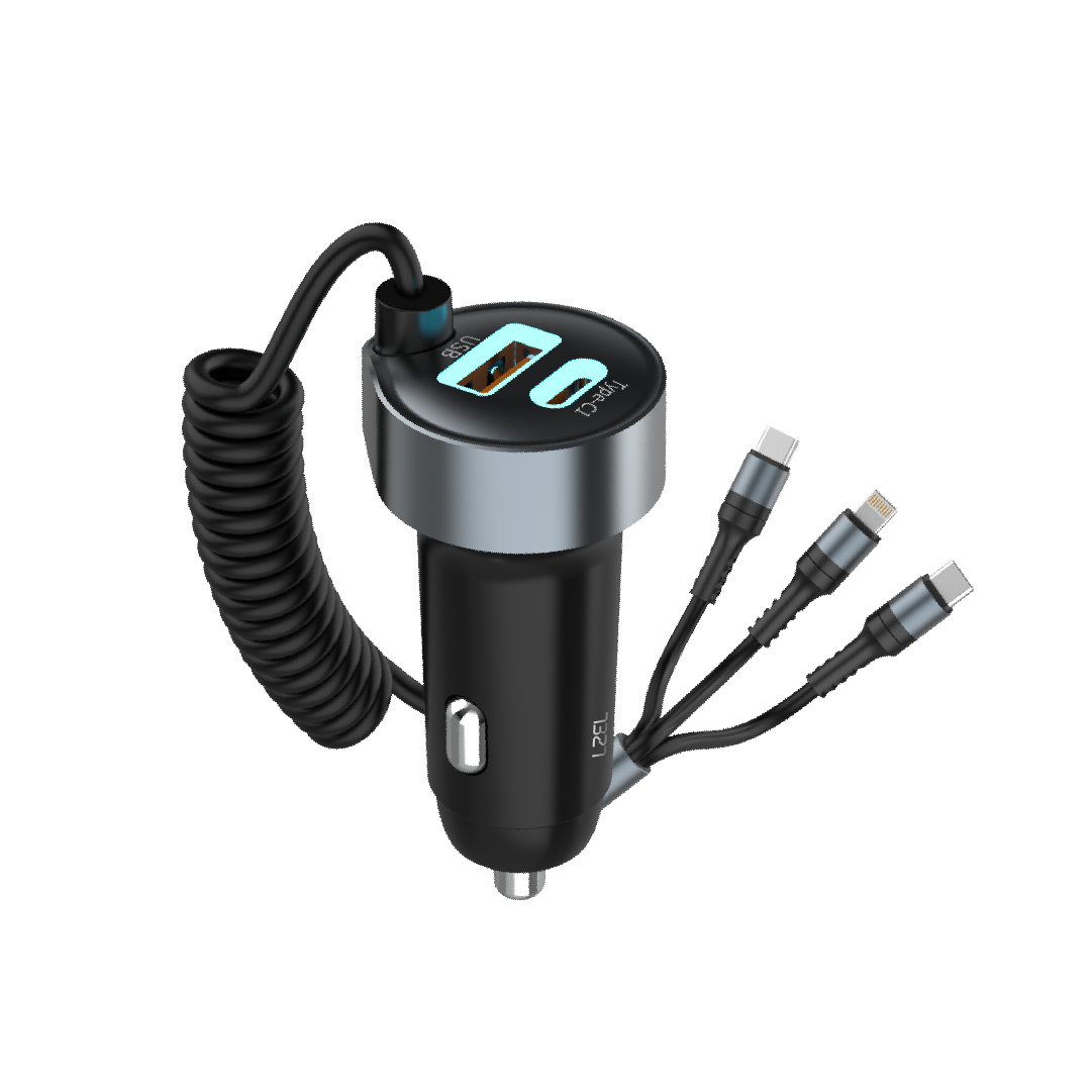 LZEL PulseCharge Pro3 Dual Port Car Charger with Built-in Cable – Black