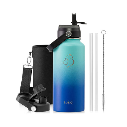 Buzio Duet Series Water Bottle with 2 Lids and Sleeve 1L - Caribbean Blue