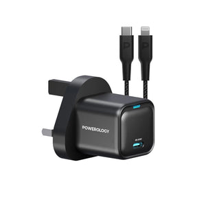 Powerology Ultra-Compact GaN Charger With USB-C To Lightning Cable 1.2m/4ft - Black