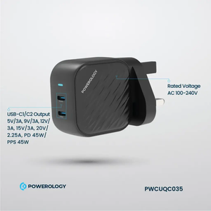 باورولوجي شاحن حائطي بتقنية غاليليوم نيتريد، مزود بمنفذي USB-C مزدوجين، بقوة 45 واط، طراز PWC035 - أسود