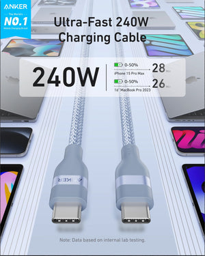 Anker USB-C to USB-C Cable 240W (Upcycled-Braided) (1.8m/6ft) -Blue