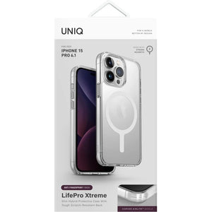 غطاء هجين Uniq لجهاز iPhone 15 Pro 6.1 مع شحن مغناطيسي LifePro Xtreme (AF) - غراب (شفاف متجمد)".