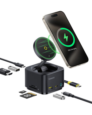 Baseus MagPro Series II 7-in-1 HUB Magnetic Wireless Charging 15W Cosmic Black(USB-C to 1*HDMI4K@60Hz+2*USB-A(10Gbps)+1*USB-C(10Gbps)+1*SD/TF+1*USB-C(PD) ）