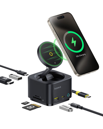 Baseus MagPro Series II 7-in-1 HUB Magnetic Wireless Charging 15W Cosmic Black(USB-C to 1*HDMI4K@60Hz+2*USB-A(10Gbps)+1*USB-C(10Gbps)+1*SD/TF+1*USB-C(PD) ）