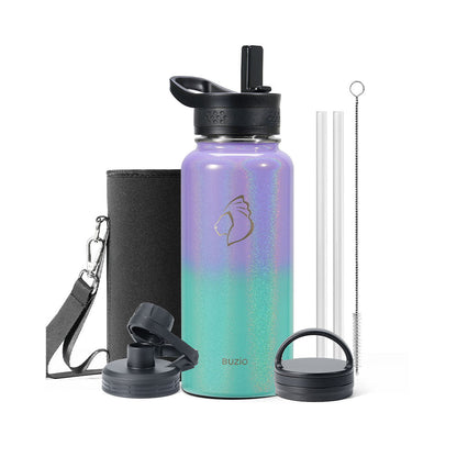 Buzio Trio Series Water Bottle with 3 Lids and Sleeve 1L - Purple Green