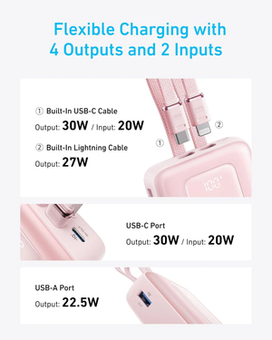 Anker Zolo Power Bank (20K, 30W, Built-In USB-C and Lightning Cable) -Pink