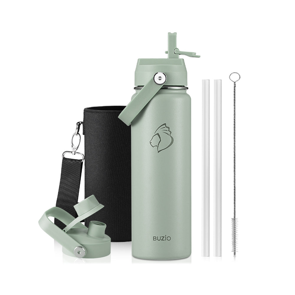 Buzio Duet Series Water Bottle with 2 Lids and Sleeve 700ML - Green