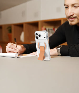 LZEL MagClear LeatherGrip Case for iPhone 17 Pro – Clear Case + Papaya Leather Grip