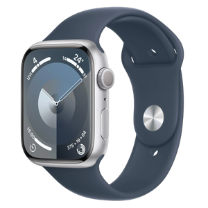 Apple Watch Series 9 GPS 45mm Silver Aluminium Case with Storm Blue Sport Band - M/L