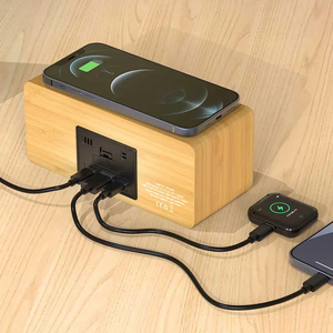 XPower QIC5 4 In 1 Bamboo Alarm Clock With 15W Wireless Charger - Brown