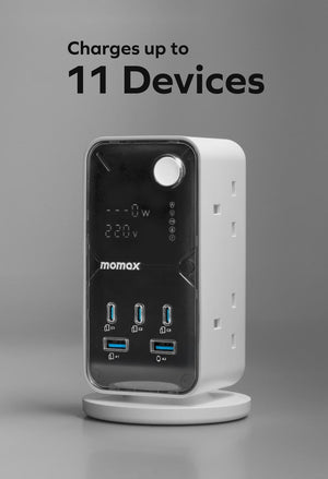 Momax 1-Charge Work Flow 6-Outlet Digital Display Power Tower مع USB (أبيض)