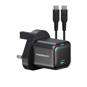 Powerology Ultra-Compact GaN Charger With USB-C To USB-C Cable 1.2m/4ft - Black