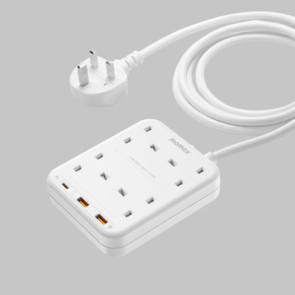 مومكس ONEPLUG شريط طاقة بأربع مقابس مع USB (أبيض)