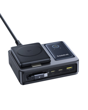Baseus NOM5-in-1 Desktop Charger 3C+U 140W EU Qi2 Wireless Charging+Retractable Cable+Digital Display Cosmic Black
