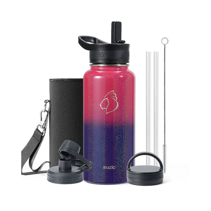 Buzio Trio Series Water Bottle with 3 Lids and Sleeve 1L - Red Blue