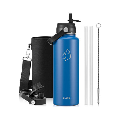 Buzio Duet Series Water Bottle with 2 Lids and Sleeve 1.2L - Blue