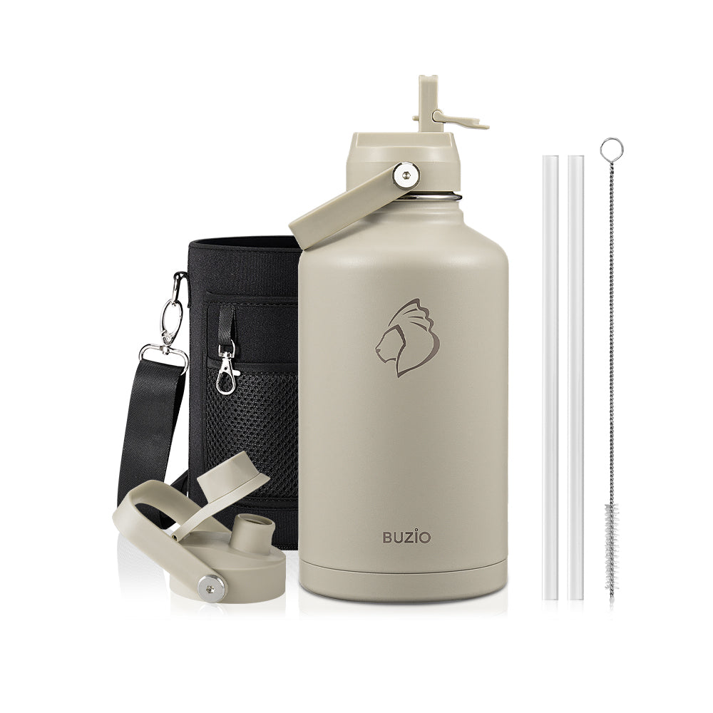 Buzio Duet Series Water Bottle with 2 Lids and Sleeve 1.9L - Beige