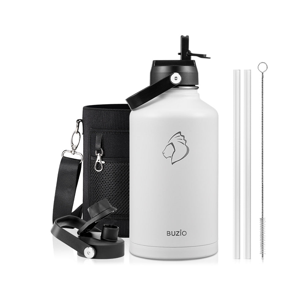 Buzio Duet Series Water Bottle with 2 Lids and Sleeve 1.9L - White