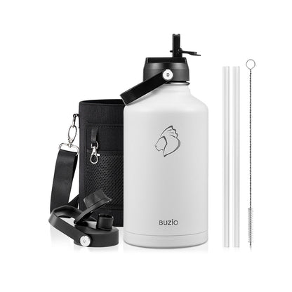 Buzio Duet Series Water Bottle with 2 Lids and Sleeve 1.9L - White