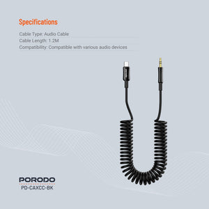 Porodo 3.5MM Type-C AUX Coiled Audio Cable Convenient Tangle-Free Design 1.2m/4ft - Black