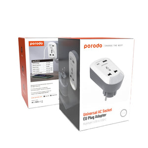 Porodo Universal AC Socket EU Plug Adapter Nightlight/USB-A /USB-C - White