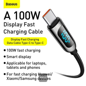 Baseus LED Display Fast Charging Data Cable Type-C to Type-C 100W 5A 2M - Black