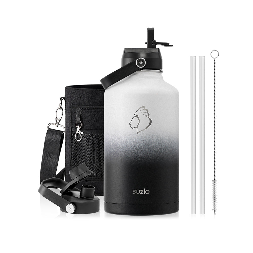 Buzio Duet Series Water Bottle with 2 Lids and Sleeve 1.9L - Black White