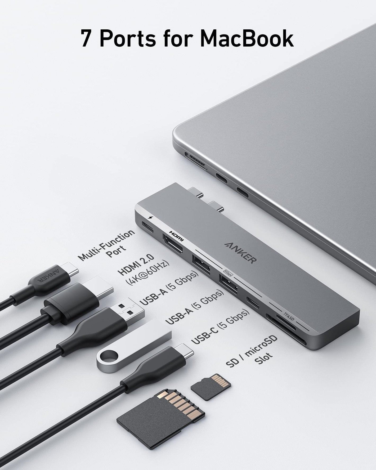 موصل أنكر 547 USB-C (7 في 2، لأجهزة ماك بوك) - فضي
