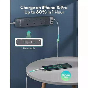 RavPower RP-PC1038 3 Outlets Power Strip Gray UK Version 3m with USB Port Gray