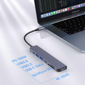 موزع USB-C من Porodo Blue مزود بـ 7 منافذ بدقة 4K وHDMI وUSB-C مزدوج - أسود