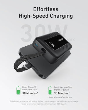 Anker Zolo Power Bank (20K, 30W, Built-In USB-C Cable) -Black