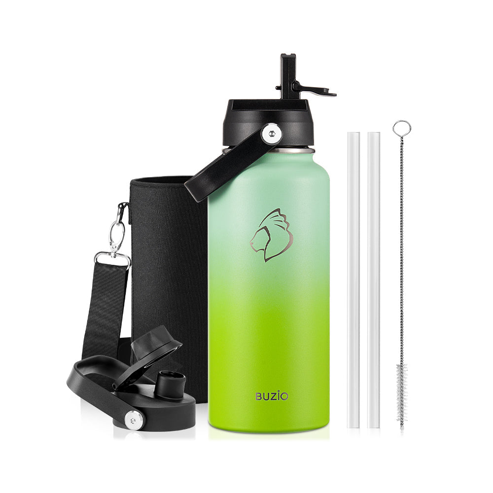 Buzio Duet Series Water Bottle with 2 Lids and Sleeve 1L - Gradient Green