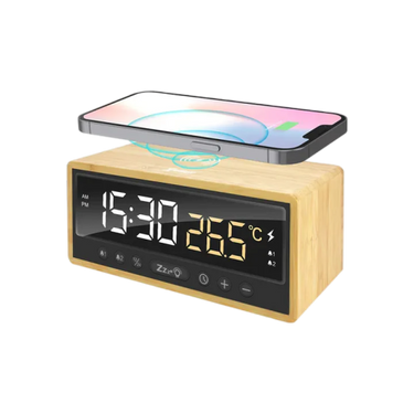 XPower QIC5 4 In 1 Bamboo Alarm Clock With 15W Wireless Charger - Brown