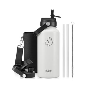 Buzio Duet Series Water Bottle with 2 Lids and Sleeve 1L - White