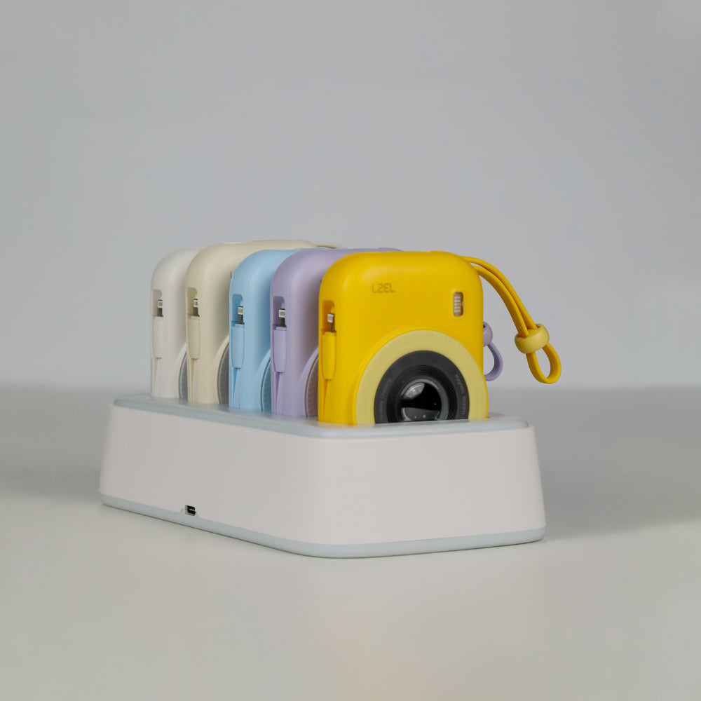 LZEL PentaEnergia Station - 5X 10,000mAh Wireless Power Bank Charging Dock with Colorful Batteries & Built-in Cable | White